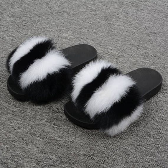 white fur flip flops