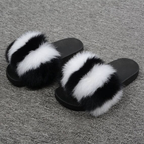 black fur flip flops