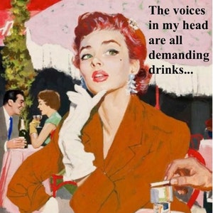 FUNNY VINTAGE CARD - great vintage image, just because, thinking of you card "Voices in my head"... [814-029]