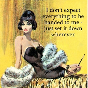 I Don't Expect Everything Handed To Me ... funny, snarky, just for fun, vintage illustration, just because, friendship card. [814-025]