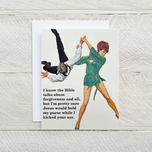 Jésus tiendrait mon sac à main... carte de voeux vierge amusante, carte irrévérencieuse, carte de relation, carte sarcastique, illustration vintage [814-178]