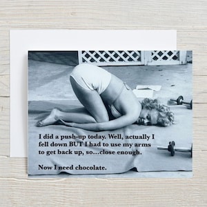 I need chocolate - funny blank greeting card, just for fun snarky card, just for fun card, working out exercise is hard card. [814-231]