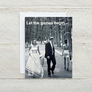 Que les jeux commencent... carte de voeux de mariage vierge amusante, carte sarcastique, carte de relation, carte pour les yeux des jeunes mariés [814-121]