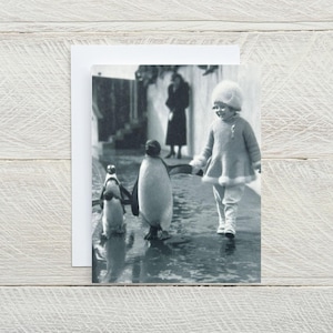 Little Girl Walking Her Penguin ...  winter cards, holiday cards, seasonal cards, Christmas cards, New Years cards, just for fun [814-166]