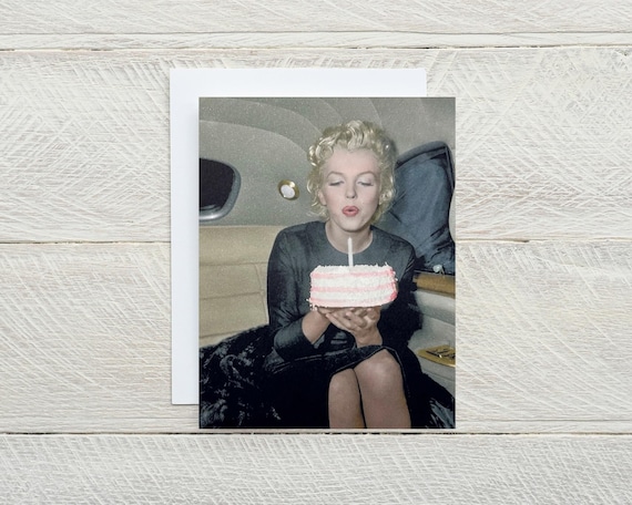 Marilyn Monroe blank birthday card, old Hollywood, happy birthday card, celebration card, movie star, birthday cake, greeting card [814-353]