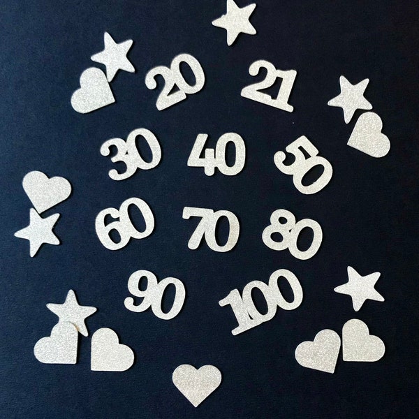 Age number confetti, DOUBLE-SIDED table confetti, hearts, stars, birthday, anniversary, silver, gold, glitter, double-sided, any number