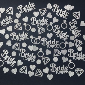 Bride to be table confetti, DOUBLE-SIDED silver gold pink glitter card, heart, ring, diamond, wedding, hen party, bachelorette, celebration