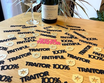 The Traitors confetti Faithful confetti, table confetti, 100% Faithful, Special Traitor, Gold Shield, Black glitter card, Claudia Winkleman