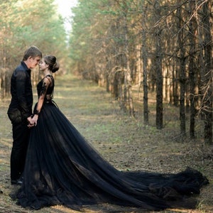 Dramatic Black Tulle Wedding Skirt Long Train High Slit Maxi Skirt