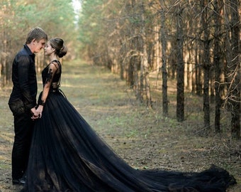 Dramatic Black Tulle Wedding Skirt Long Train High Slit Maxi Skirt