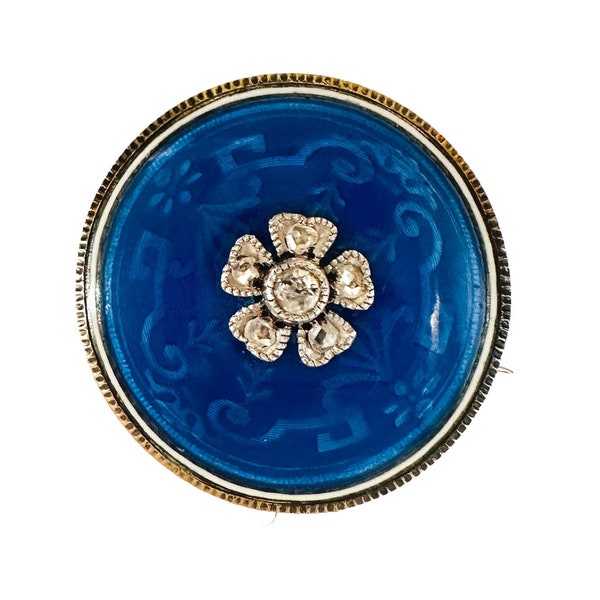 Victorian 18ct Gold, Guilloche Enamel & Diamond brooch, lace/fichu pin,  Circa 1860