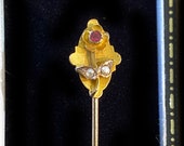 Victorian, Art Nouveau 9ct, 9k, 375 Gold Ruby Seed Pearl Flower stick, tie, cravat pin in new box as displayed, Maker JGC, Circa 1880