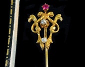 Art Nouveau 14ct, 14k, 585 Gold Ruby, Pearl Diamond stick, tie, cravat pin in new box as displayed, Circa 1900