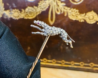 Victorian, 15ct rose Gold, Diamond & Ruby running Greyhound stick, tie, cravat pin, Circa 1900