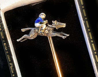 Fine, Edwardian 15ct Gold, Diamond & Enamel race horse and Jockey stick, tie, cravat, stock pin, Circa 1905