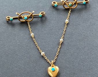 Art Nouveau 14ct Gold Lovers Knot & Heart Brooch | Turquoise and Pearl | Twin Design | Romantic Antique Jewelry Circa 1895