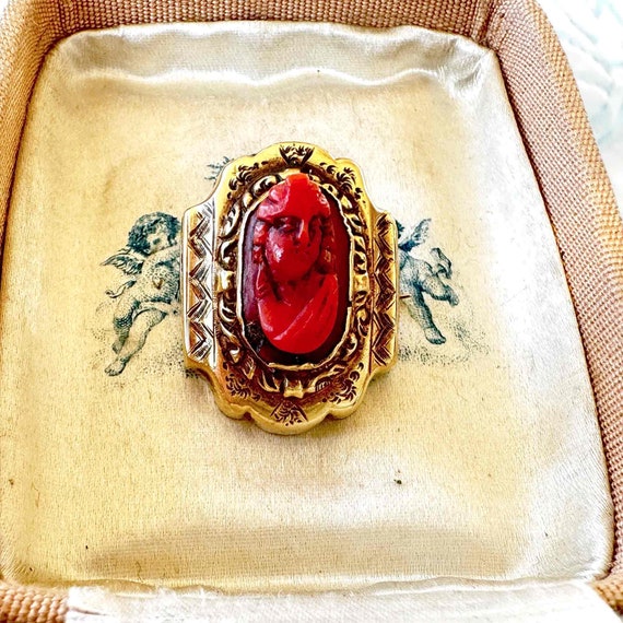 Antique, Victorian 18ct gold carved Coral portrai… - image 6