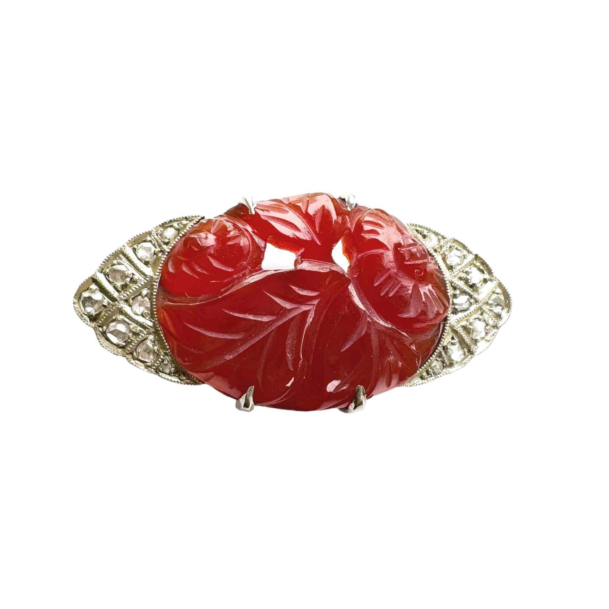 Art Deco Diamond & Carved Carnelian Brooch, 18ct White Gold, Circa