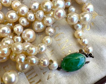 Vintage Cultured Saltwater Baroque Pearl Necklace | 14k Gold Jadeite Clasp | Graduated Pearl Strand Necklace | 20 Inch Pearls