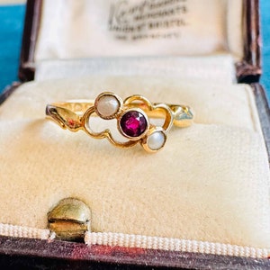 Antique 18ct Gold Natural Pearl & Ruby, double heart, promise ring, 1914