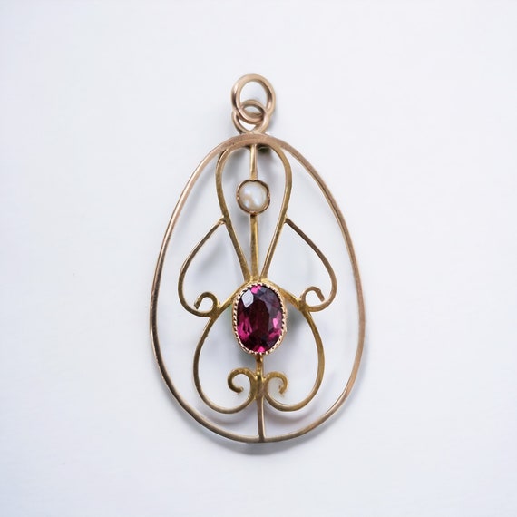 Exquisite Edwardian Gold, Garnet & Pearl Lavalier… - image 1