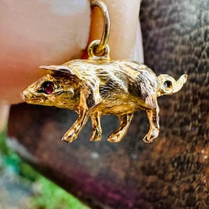 Puede incluir: Un dije de cerdo dorado con un ojo de gema roja. El dije presenta pelaje texturizado y una cola rizada. El cerdo está suspendido de un lazo dorado, lo que sugiere que es un colgante o dije para un collar o pulsera.