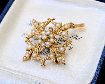 Art Nouveau 15ct Gold Natural Seed Pearl brooch / pendant, C1895