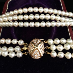Cultured Saltwater Akoya 3 Row Pearl necklace on 14ct Gold Diamond 0.70ct clasp