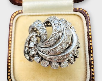 Mid-Century Platinum Diamond Cocktail Ring: 1.12ct Cluster, Size 3