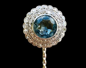 Exceptional Art Deco Platinum Blue Zircon & Diamond Stick Pin | Antique Diamond Halo Cravat Pin | Fine Vintage Platinum Jewellery