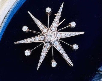 Victorian 15ct Gold & Silver Old-cut Diamond Star brooch, Pendant, diamond starburst