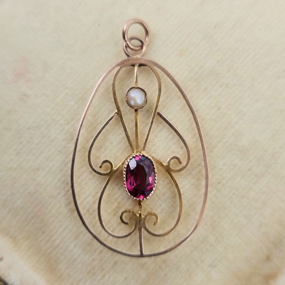 Exquisite Edwardian Gold, Garnet & Pearl Lavalier… - image 3