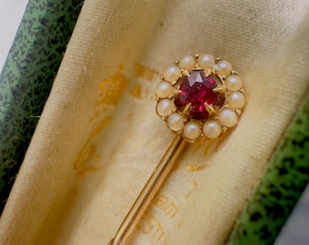 Antique 18ct Gold Ruby & Seed Pearl Cluster Stick Pin, Victorian Jewellery, Vintage wedding