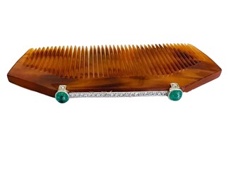 Rare, Art Deco Platinum Emerald and Diamond hair comb, hair slide, Circa 1920