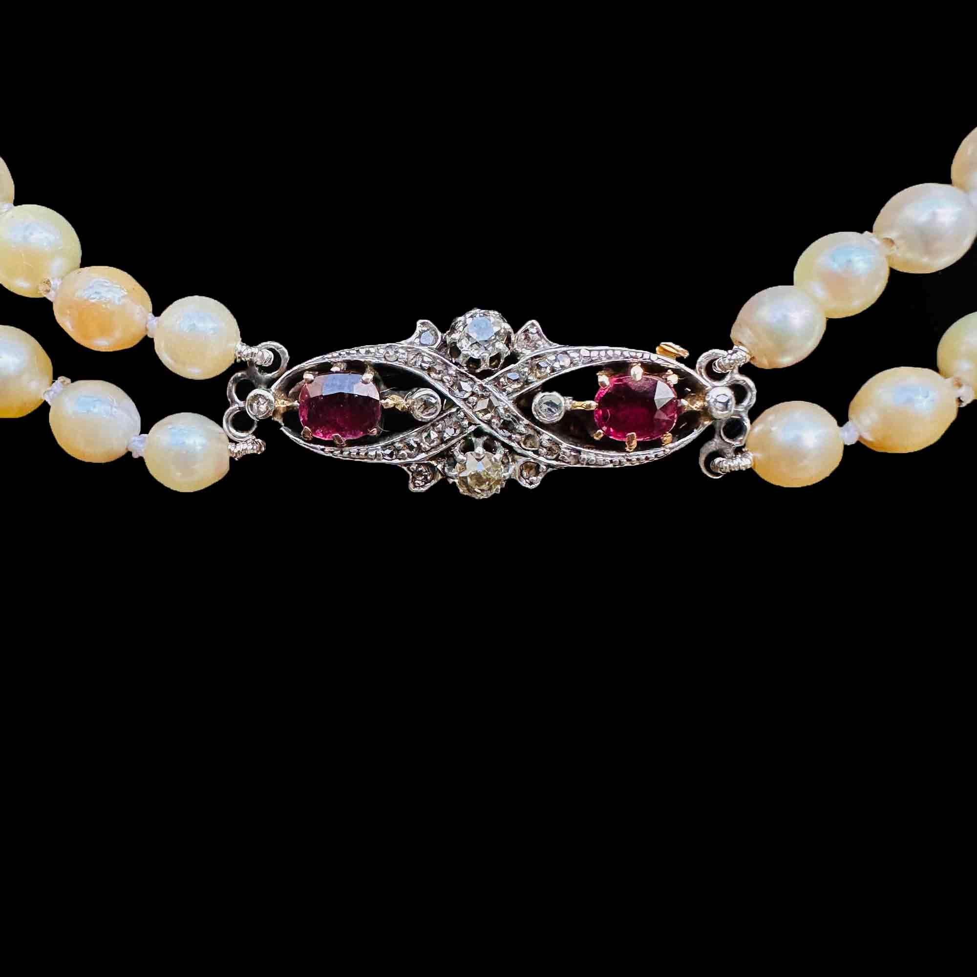 Art Deco Cultured Saltwater Pearl Necklace on Ruby & Diamond