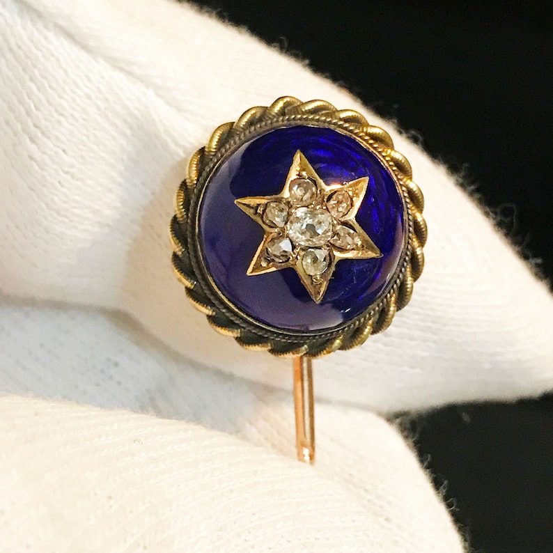 tie Stick cravat lapel pin Victorian Gold Guilloche Enamel and Diamond star Circa 1860