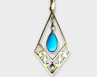 Jugendstil 9k Gold Türkis Anhänger : Antike Edwardian Perle in Tropfenform