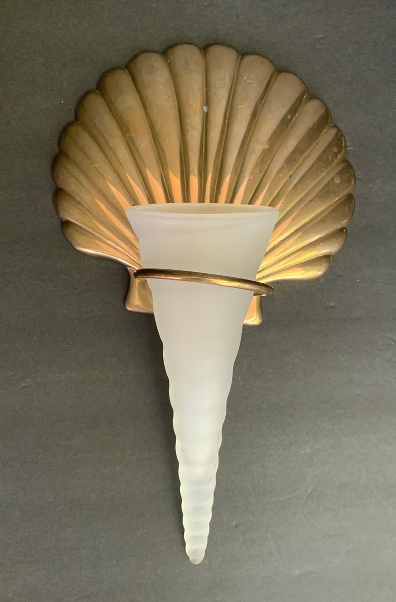 Vintage Brass Shell and Frosted Glass Flower Wall Holder Etsy