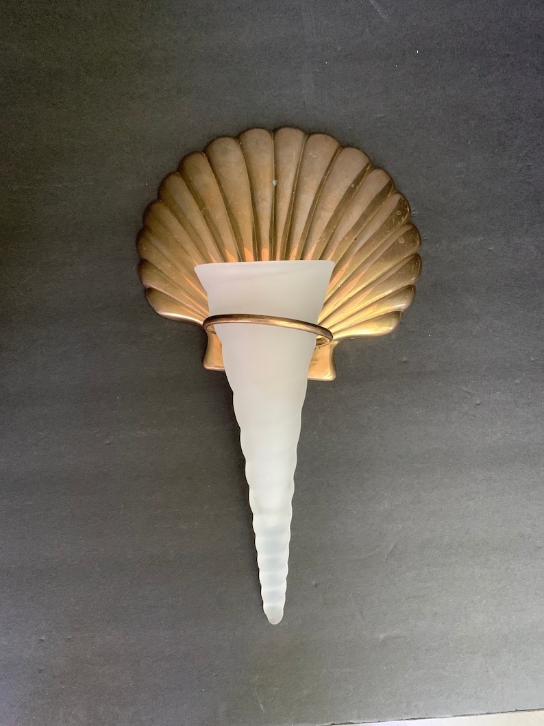Vintage Brass Shell and Frosted Glass Flower Wall Holder Etsy
