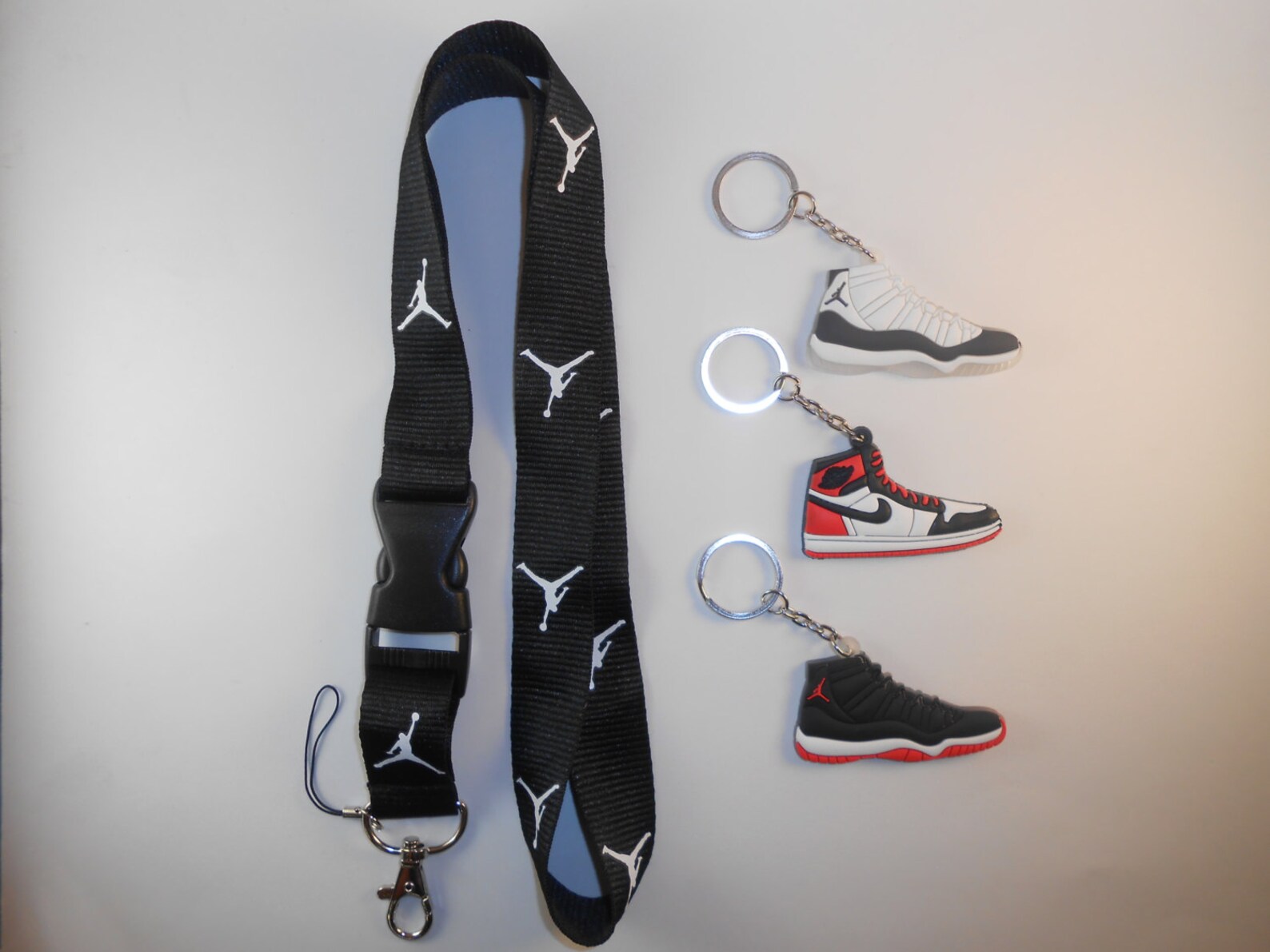 Jordan lanyard with Three Jordan Shoe keychains. New Etsy