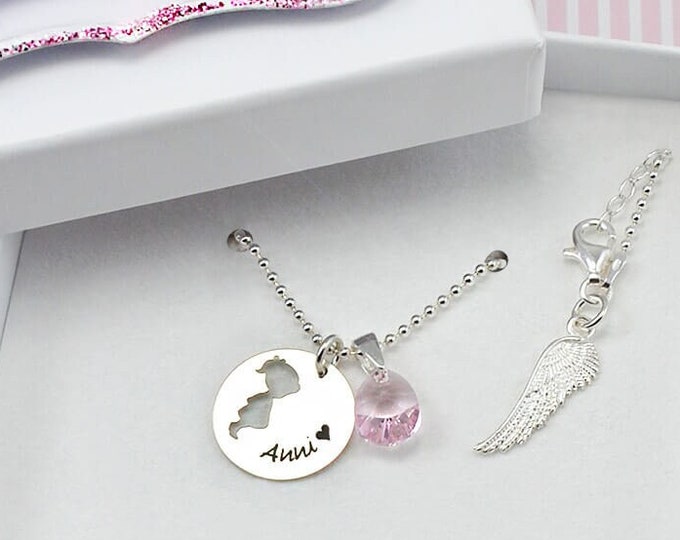 Christening necklace girl with angel wings birthstone name necklace engraving christening gift girl chain Swarovski godchild christening gifts for girls
