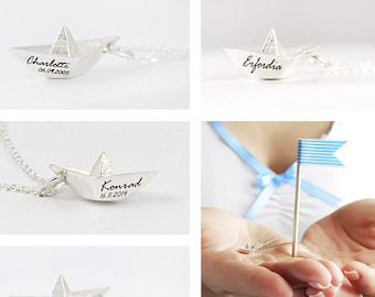 Pendentif BATEAU EN PAPIER avec gravure * Collier origami bateau en papier personnalisé * Collier de baptême avec gravure * Collier avec nom * Collier prénom