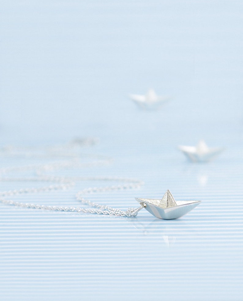 Necklace Paper Boat Nautical Jewelry Origami Boat Maritime Jewelry Handmade Jewelry Silver image 1