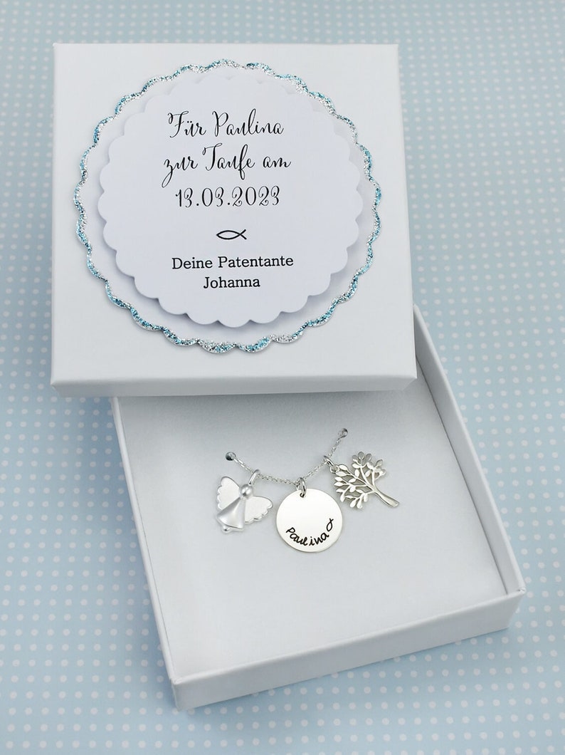 Christening necklace with engraving angel tree of life, name necklace with guardian angel, christening necklace for girls boys, gift box, christening gift, godchild image 1