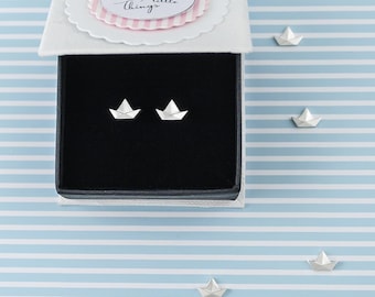 Paper Boat Stud Earrings Maritime Jewelry. Origami Jewelry. Origami Stud Earrings. Small Minimalist Nautical Stud Earrings Gifts Silver