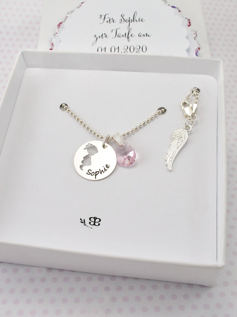 Christening necklace girl with angel wings birthstone name necklace engraving christening gift girl chain Swarovski godchild christening gifts for girls image 6