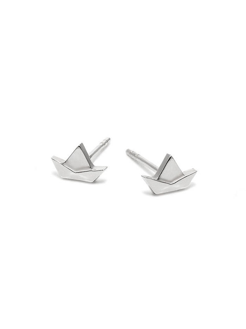 Paper Boat Stud Earrings Maritime Jewelry. Origami Jewelry. Origami Stud Earrings. Small Minimalist Nautical Stud Earrings Gifts Silver image 2