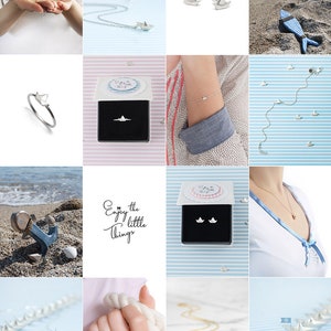 May include: A collage of images featuring silver and gold paper boat jewelry. The jewelry includes necklaces, earrings, rings, and bracelets. The images also feature a wooden anchor, a blue and white striped background, and a beach scene.