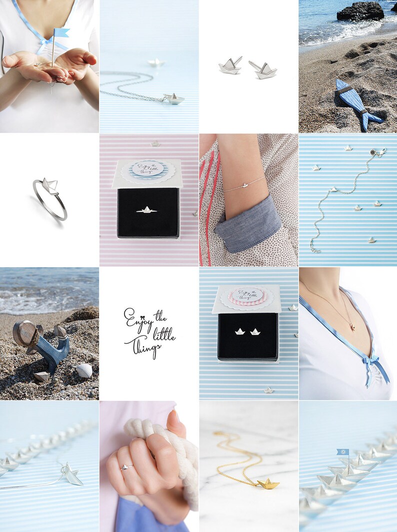 May include: A collage of images featuring silver and gold paper boat jewelry. The jewelry includes necklaces, earrings, rings, and bracelets. The images also feature a wooden anchor, a blue and white striped background, and a beach scene.
