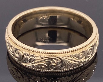 14K Solid Gold Hand Engraved Band / Ring with Millgree on the sides 6mm